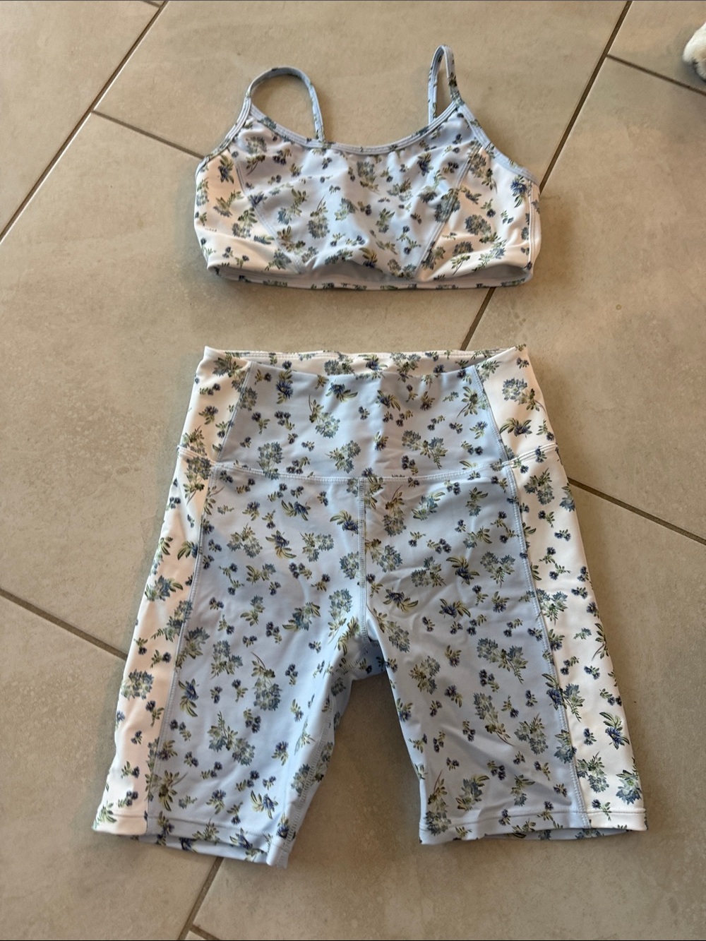 Women’s Floral Light Blue Sports Bra & High-Waist Bike Shorts Set